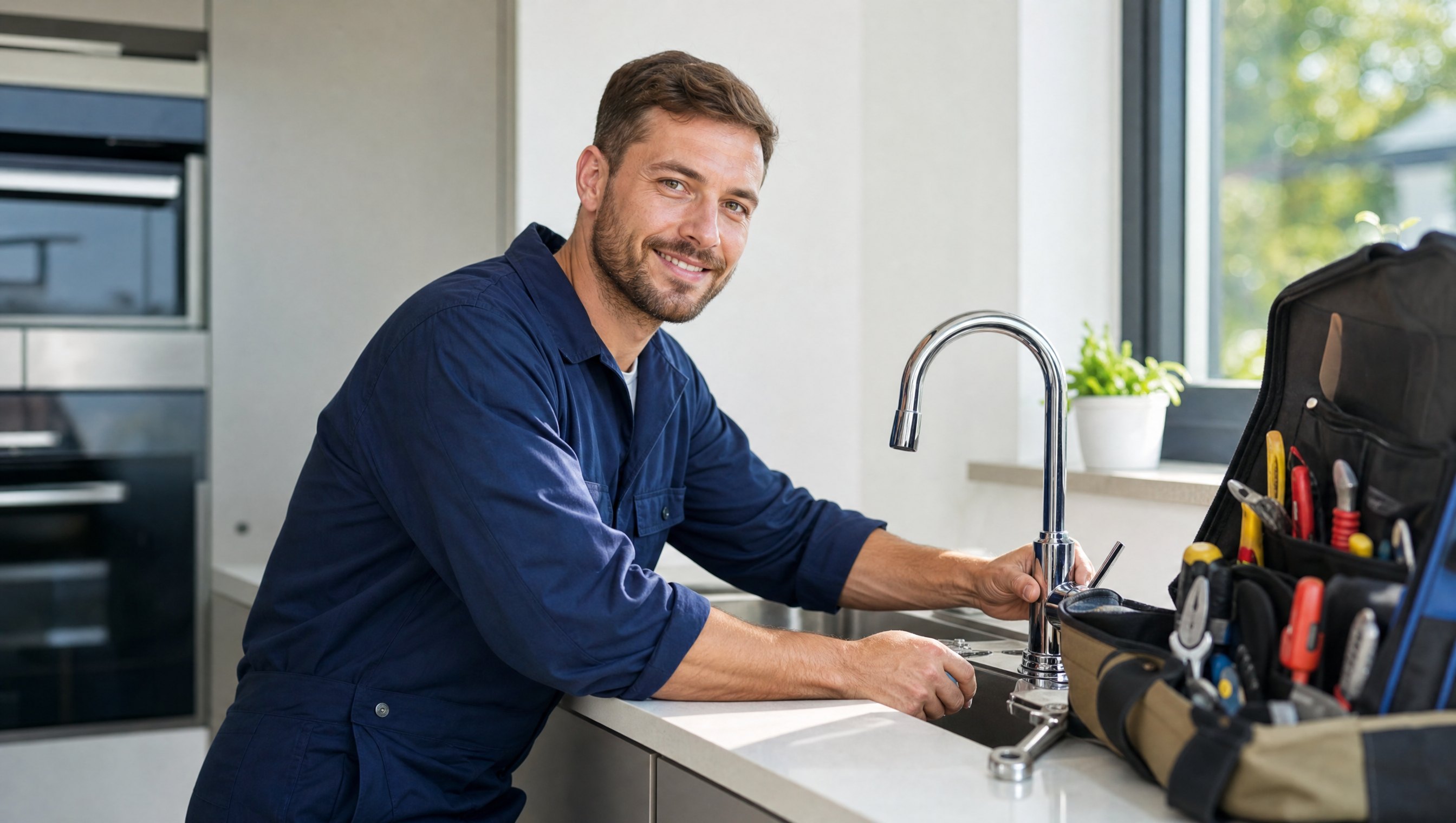 Plumber repairing a kitchen tap